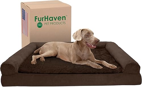 Miniatura 33 de Furhaven Cama para perro, espuma de gel refrescante, de pelo sintético y terciopelo, estilo sofá, color gris humo, talla L Almondine,Café,Crema,Dark