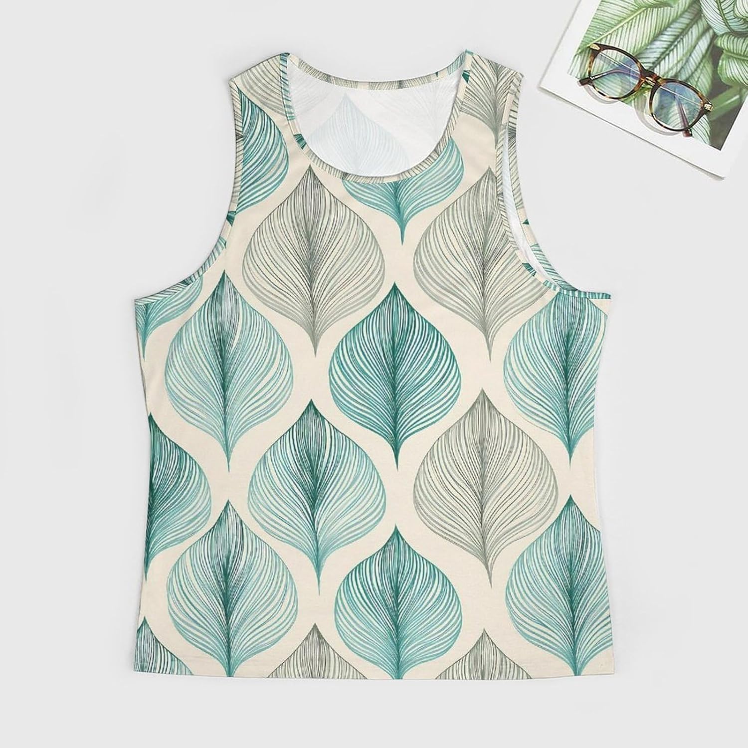 Teal Leaf Pattern Mens Tank Top Slim Fit Workout Gym Tops 5XL | Quick Dry,Breathable