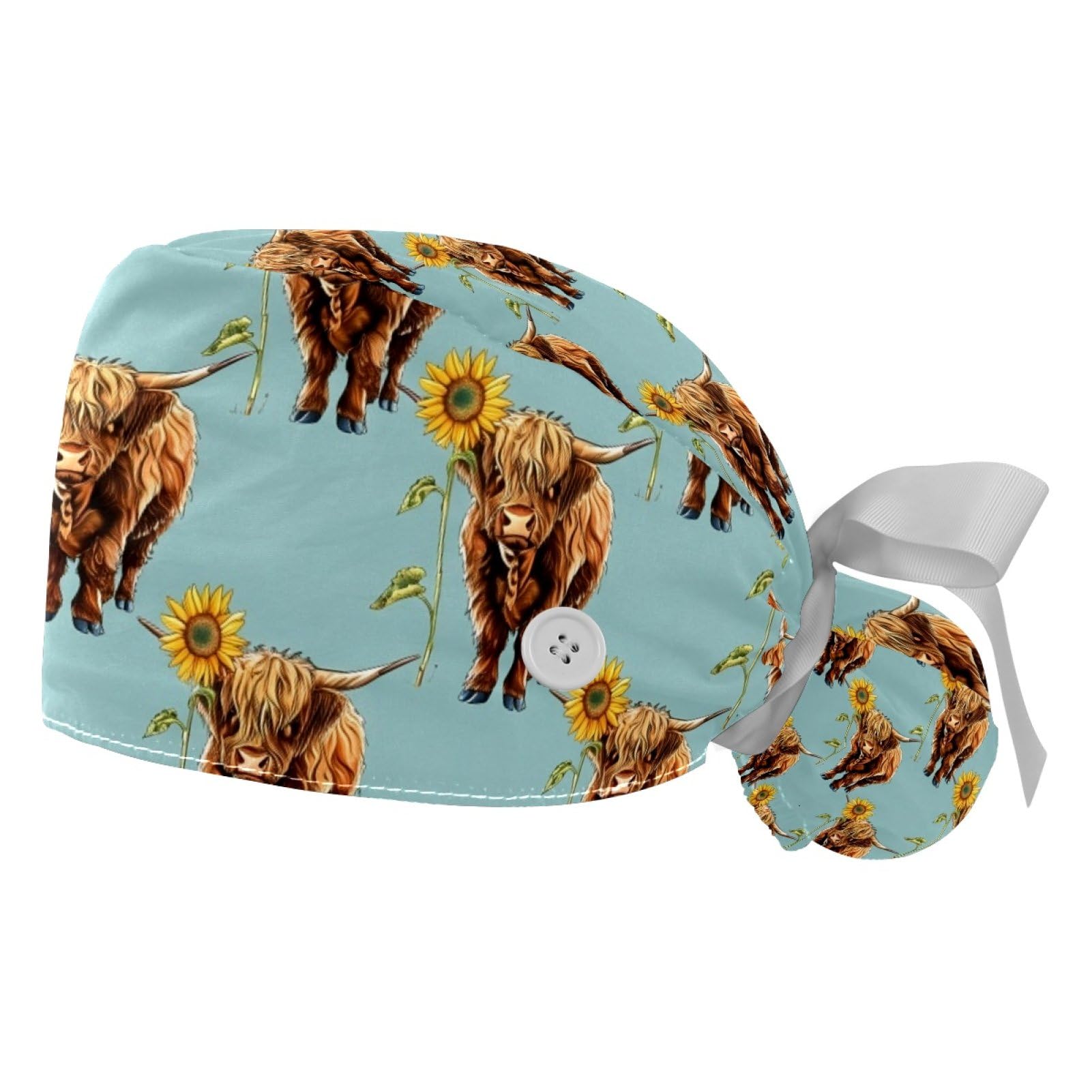 2 PCS Bouffant Cap with Button Ponytail Pouch Working Cap Sweatband Adjustable Surgical Cap Black and White Cow