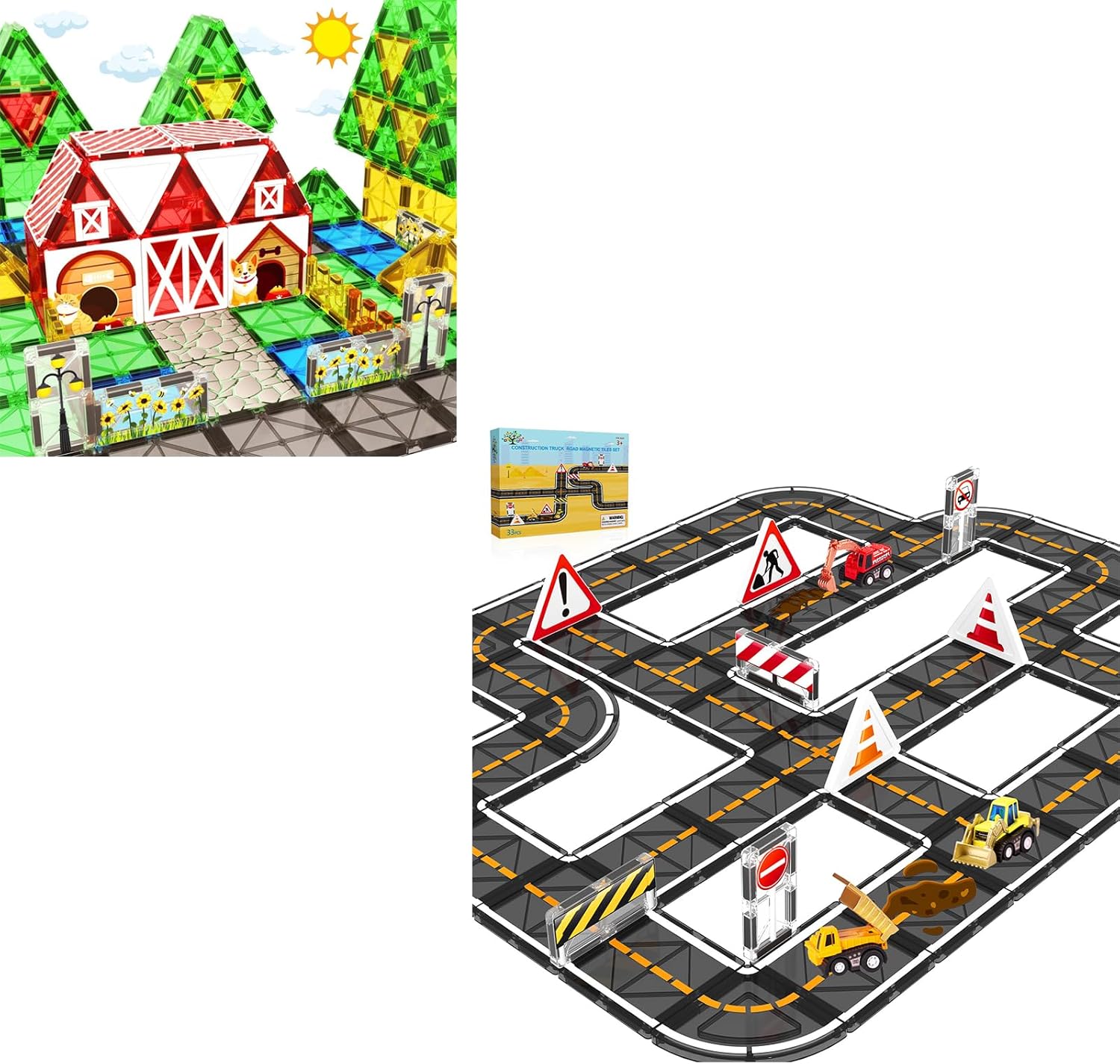 Magnetic Tiles Farm Animal Garden Toddler Toys, Plus Magnetic Tiles, Magnetic Blocks Engineering Construction Vehicle Road Set