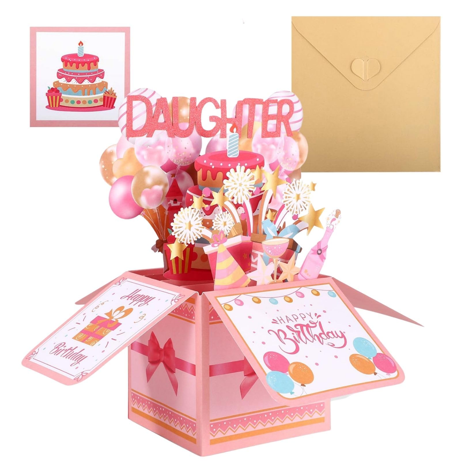 JJBAOER Daughter Birthday Card, 3D Fireworks & Balloons Pop Up Greeting Card with Envelope & Blank Note, Lovely Gifts from Dad Mum for Her Birthday Celebration — image 1