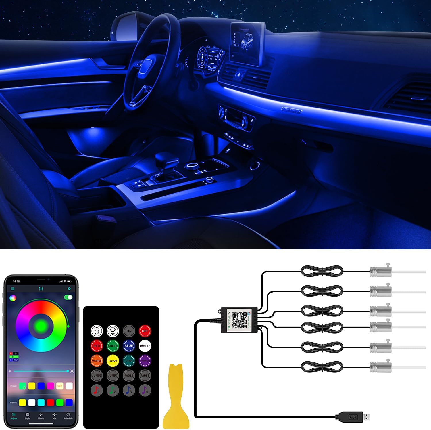 Car LED Interior Strip Lights 6 in 1 APP and Remote Control, RGB 16 Million Colors Ambient Lighting Kit with 315 inches Fiber Optic,Car Decoration for Dash Door Roof