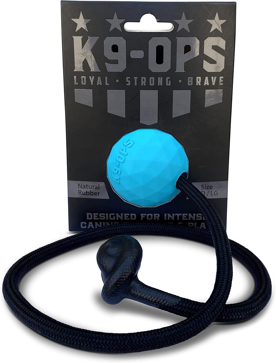 K9 Ops Pelota para perro con cuerda Moki Tug Toy – Recompensa de entrenamiento de búsqueda de goma sólida – Remolcadores para perros grandes masticadores agresivos duraderos (azul laguna, MD/LG)