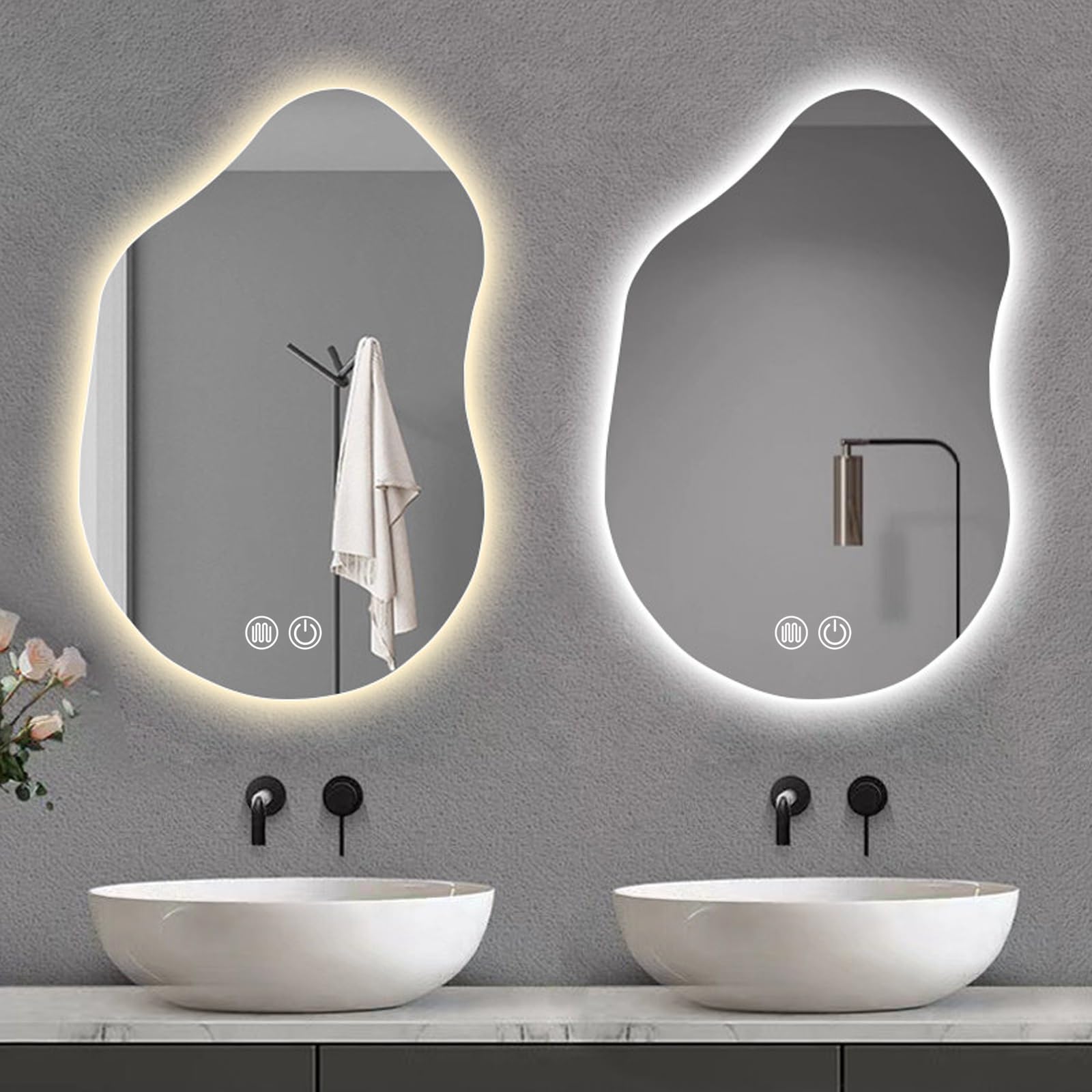 Specchio con Luci Irregolare, Moderno Asimmetrico, Specchio Bagno con Luce, Antiappannamento, 3 Temperature di Colore/oscuramento Continuo(50x70cm/20x27in)