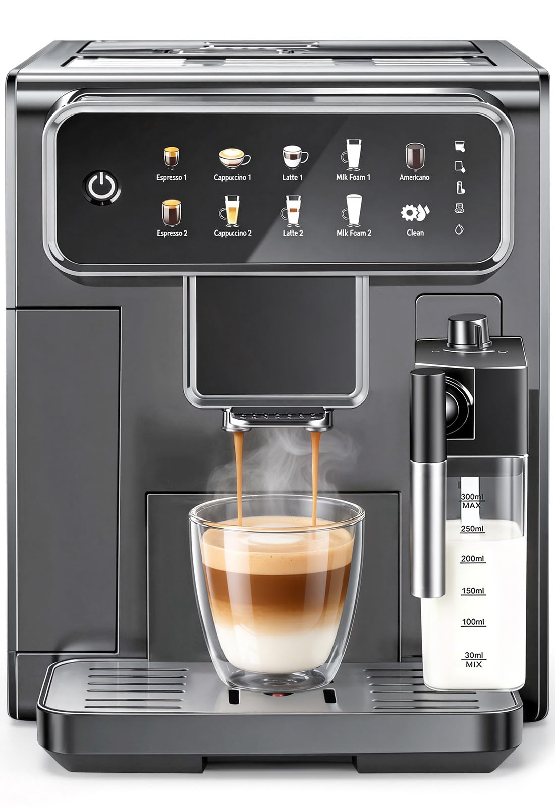 LINKLIFE Automatic Espresso Machine with Grinder and Milk Frother - Super Expresso Coffee Machines with 8 One-Touch Coffee Recipes for Latte, Cappuccino, Americano, Iced and Hot Coffee(Grey)