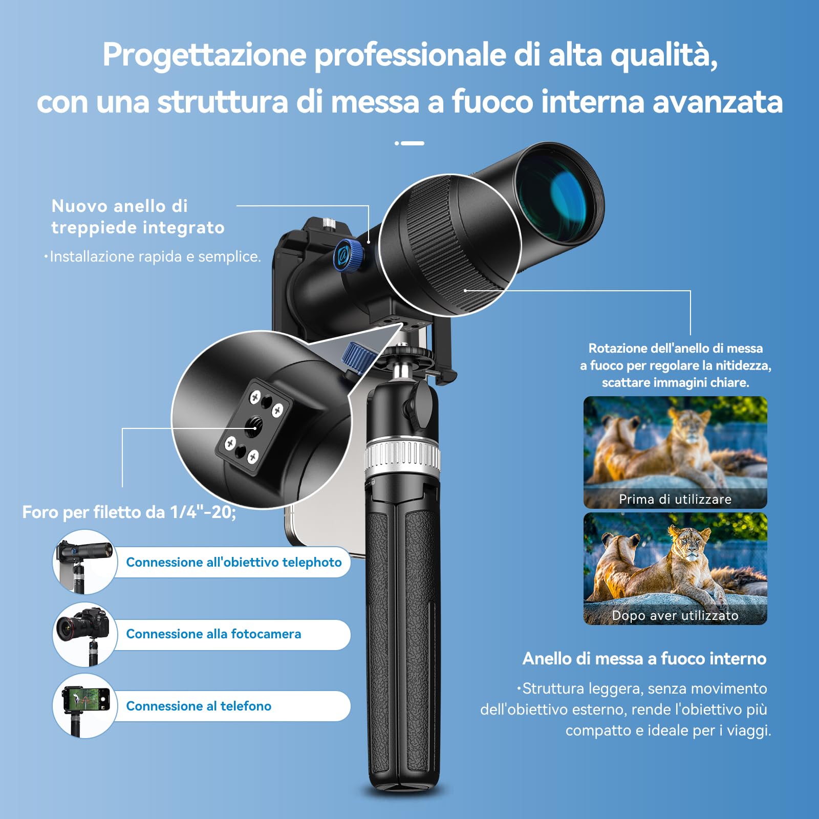 30x teleobiettivo con treppiede, set di obiettivi per cellulare con supporto universale per obiettivo per iPhone e Android