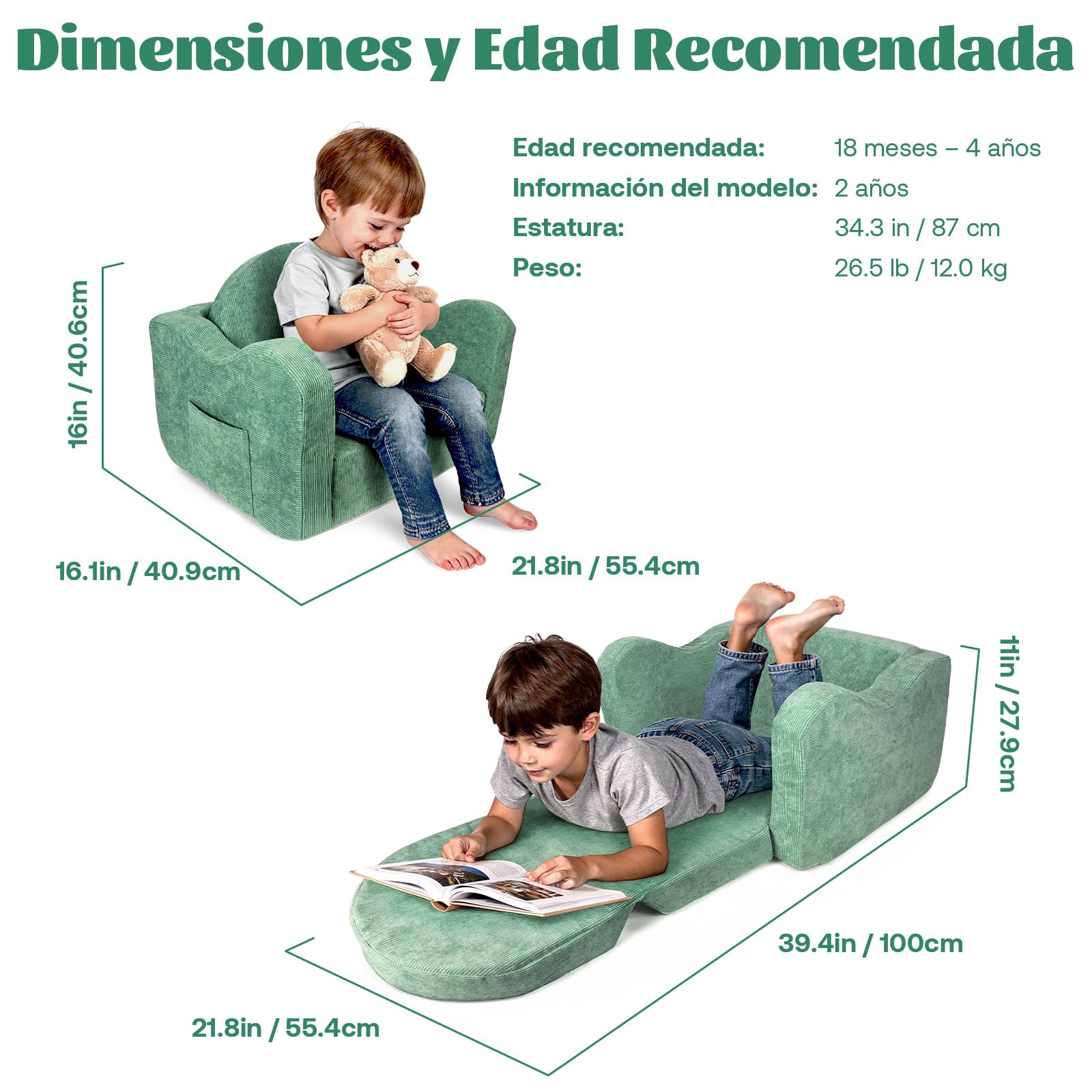2 in 1 Sofa Infantil Plegable - Sillon Bebe para Niños 1 2 3 Años