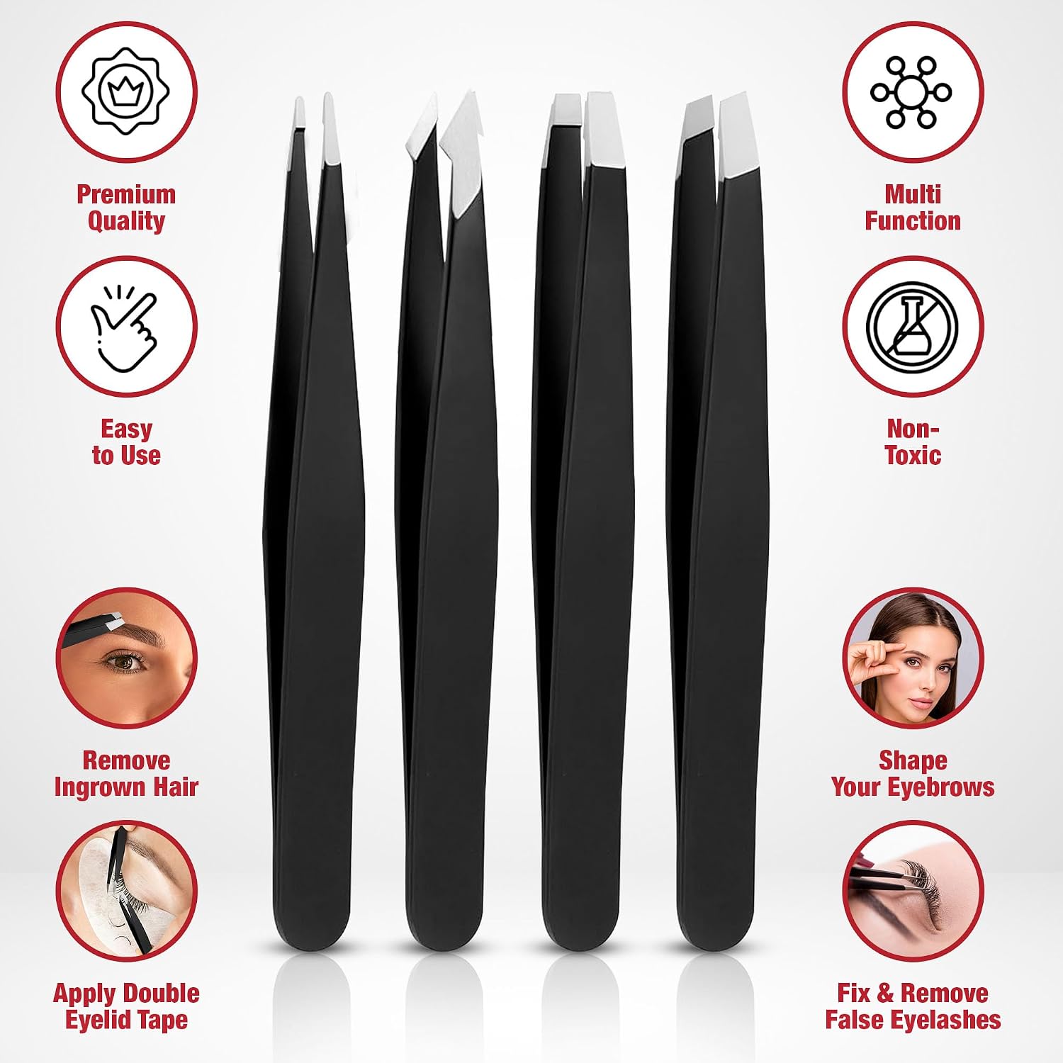 Professional 4-in-1 Stainless Steel Tweezers Set with Case – Slant, Pointed, Pointed Slant & Classic Tips for Eyebrows, Facial Hair, Splinters & Ingrown Hair Removal Travel Kit