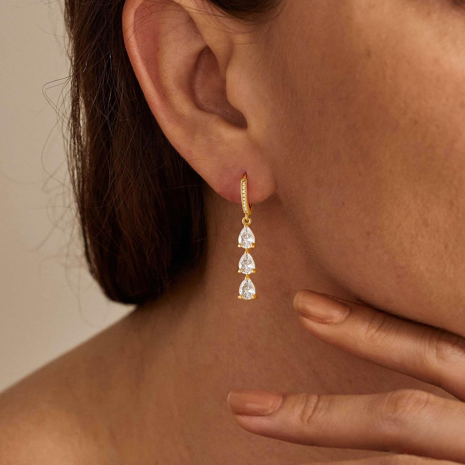 Dangle Earrings for Women, 14K Gold Plated CZ Huggie Drop Earrings, Dainty Long Chain Jewelry Valentines Day Gift for Her - Image 4