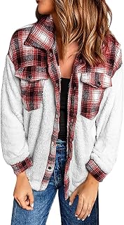 JINGAN Waterproof Golf Jacket Womens Fleece Jackets Casual Fall Winter Warm Thick Shaggy Fuzzy Button Plaid Print Patchwork Coats Outwear Womens Cute Jacket Sleeveless Denim Jacket Mens