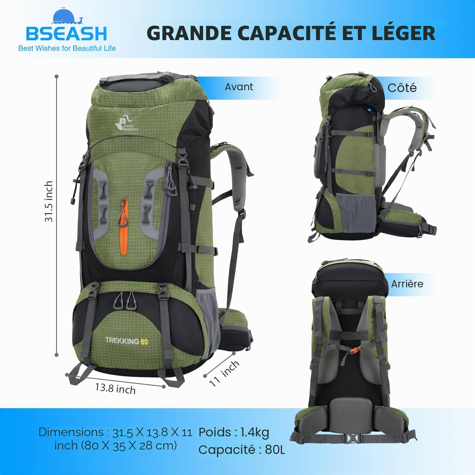 Bseash Sac à dos de randonnée imperméable 80 l avec housse de pluie, sac à dos léger pour sports de plein air, voyage, escalade, randonnée (vert militaire)