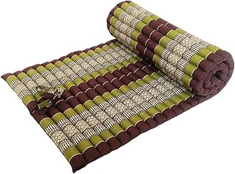 Traditional Thai Kapok Roll-Up Meditation Mattress for Yoga Massage or Relaxation (Green, Brown)
