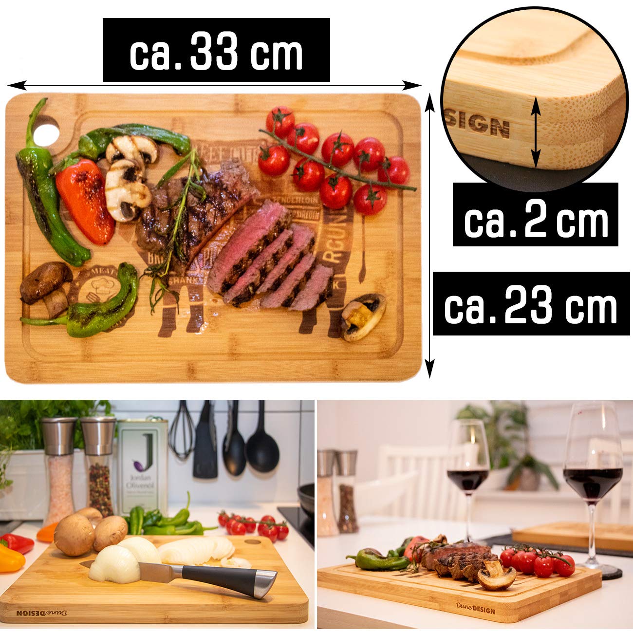 DuneDesign Juego de 4 Tablas de Bambú Macizo para Bistec - 33x23x2cm Tabla de Cortar con Ranura de Jugo