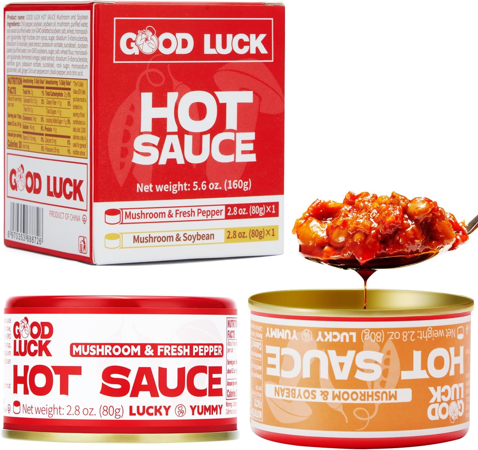 GOODLUCK Mushroom Chili Sauce -Premium Chili Oil with High-Grade Shuailiang Chili Peppers, SuiZhou Mushrooms & Soybean, Mushroom & Fresh Pepper 80g - 2 Pack (one of each)