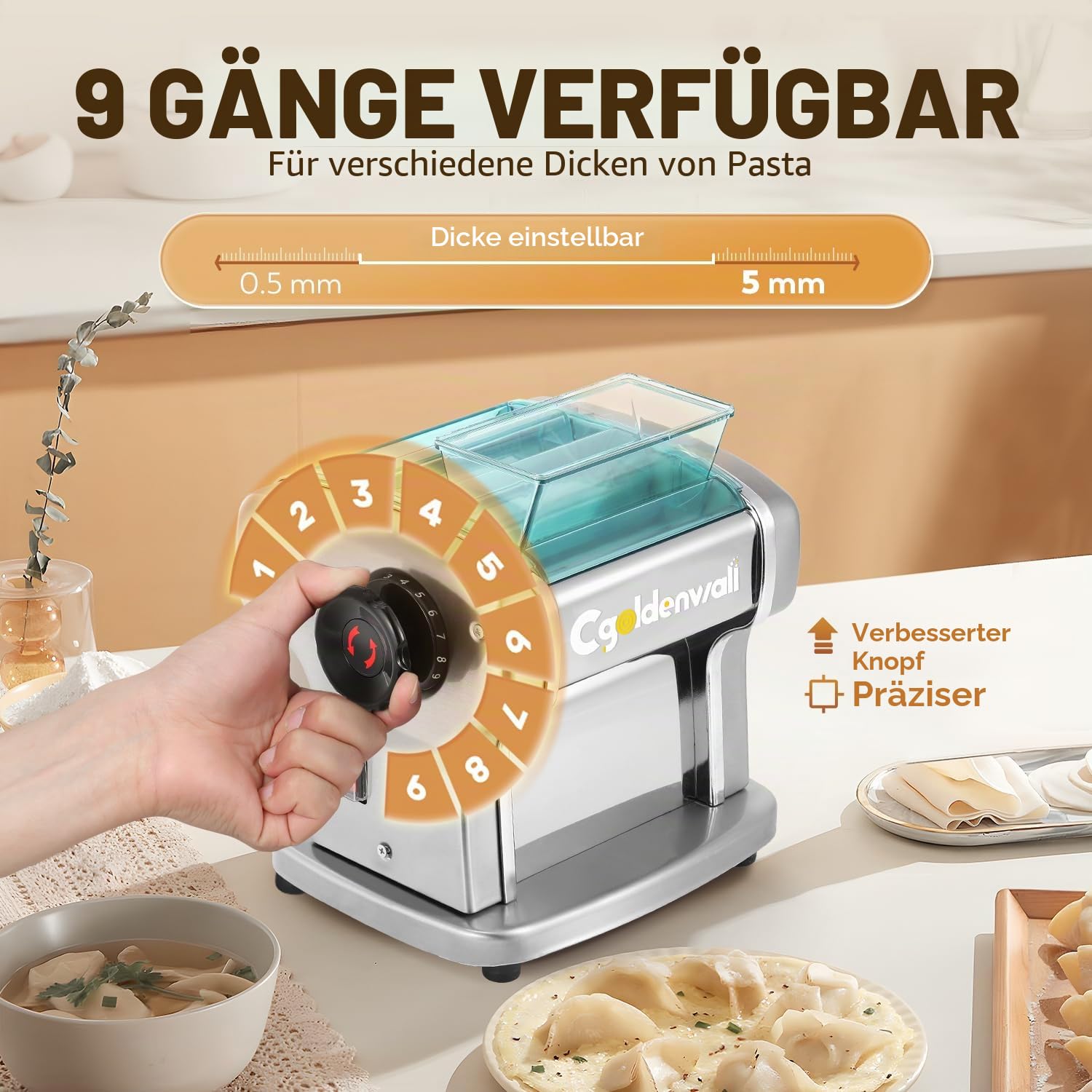 CGOLDENWALL Elektrische Nudelmaschine 135W Edelstahl Pasta Maker 2 Klingen 9 Einstellbare Stärken 0,5-5 mm