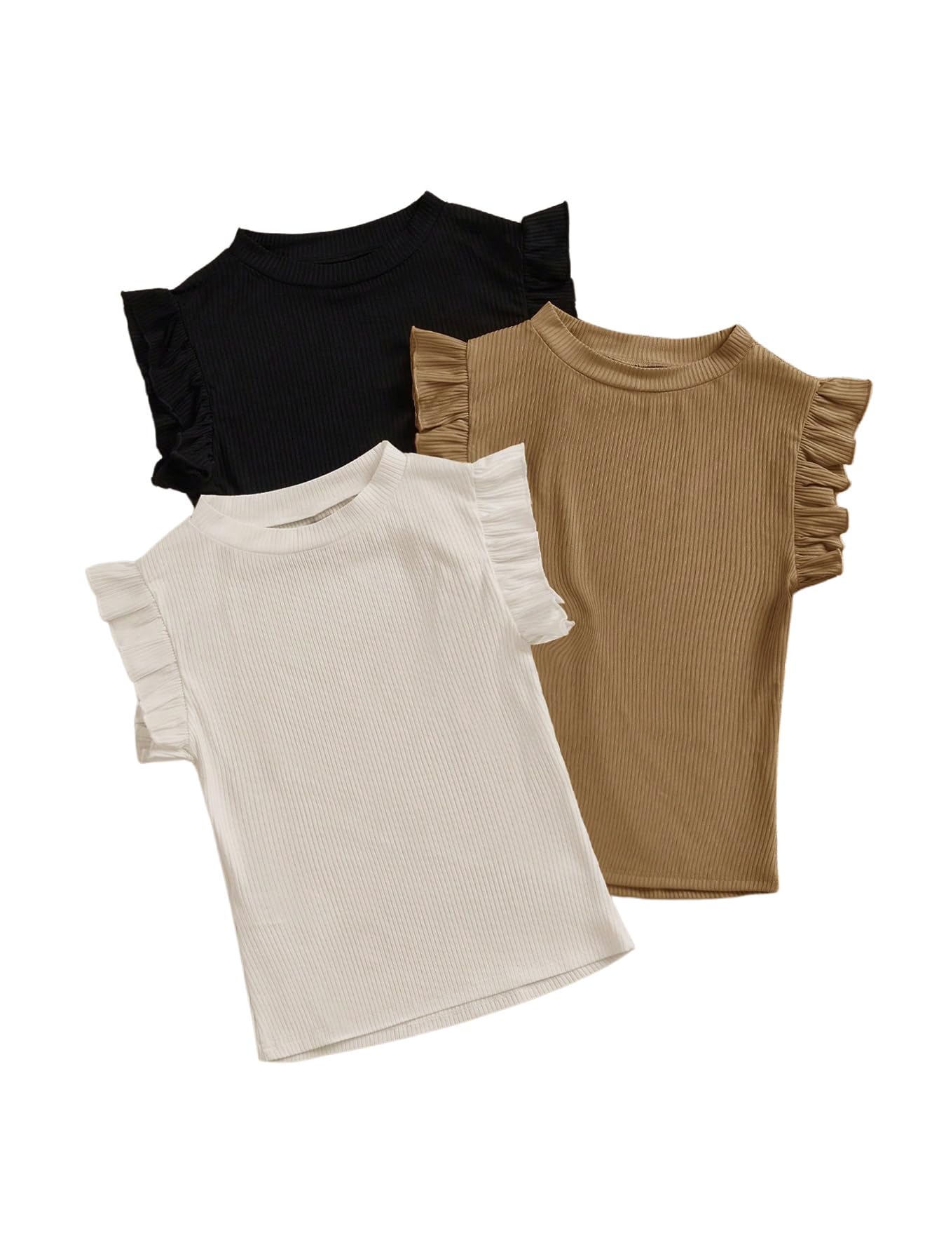 Photo 1 of **ONLY 2, NO BLACK** SOLY HUX Women's Ruffle Sleeve T Shirts 3 Packs Crew Neck Ribbed Knit Fitted Tee Tops Teacher Clothes Black Brown Beige Large