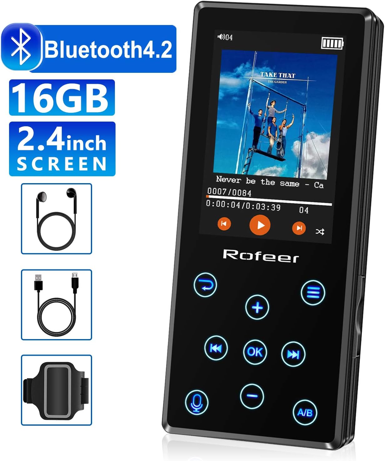 MP3 Player, 16GB MP3 Player with Bluetooth 4.2 HiFi Lossless Sound Portable Digital Music Player FM Radio Voice Recorder E-Book 2.4'' LCD, Support up to 128GB with Earphone & Armband