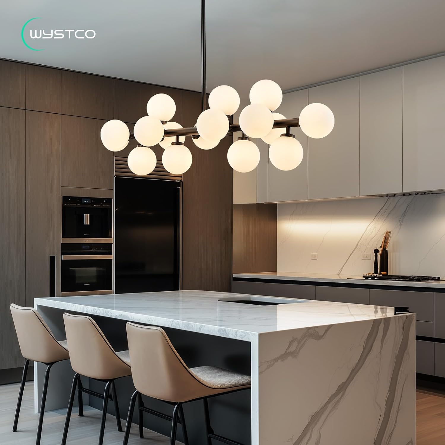 16-Light Globe Sputnik Chandelier, Mid Century Modern Light Fixture Over Table, Black Linear Chandeliers for Dining Room and Kitchen Island (Milk White Glass Bubble Shades, 40 Inch)