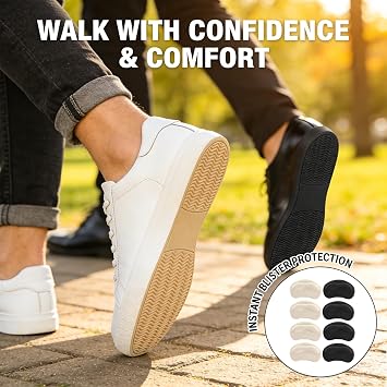 8 Pcs Heel Cushion Pads, Self-Adhesive Heel Grips for Ladies & Mens Shoes | Anti-Slip Heel Protectors for Shoes Too Big, Soft Reusable Heel Pads to Prevent Rubbing, Blisters and Slipping, Black & Beige