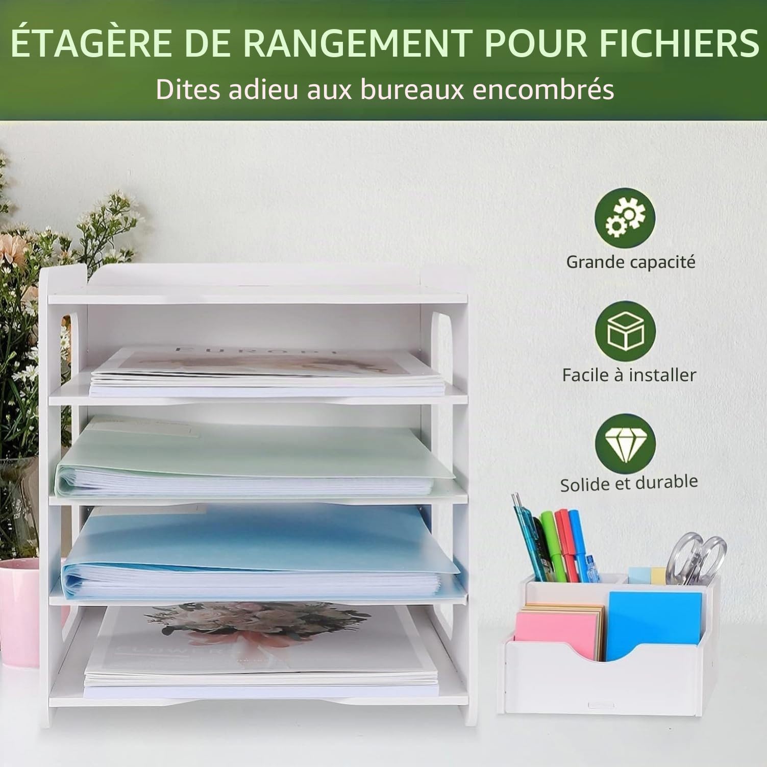 LATERN 5 Niveaux Organisateur de Bac À Courrier, Bac de Classement en Papier A4 Détenteur de Document de Fichier Organisateur de Bureau avec Porte-Stylos pour Maison Bureau École Bureau Organiser