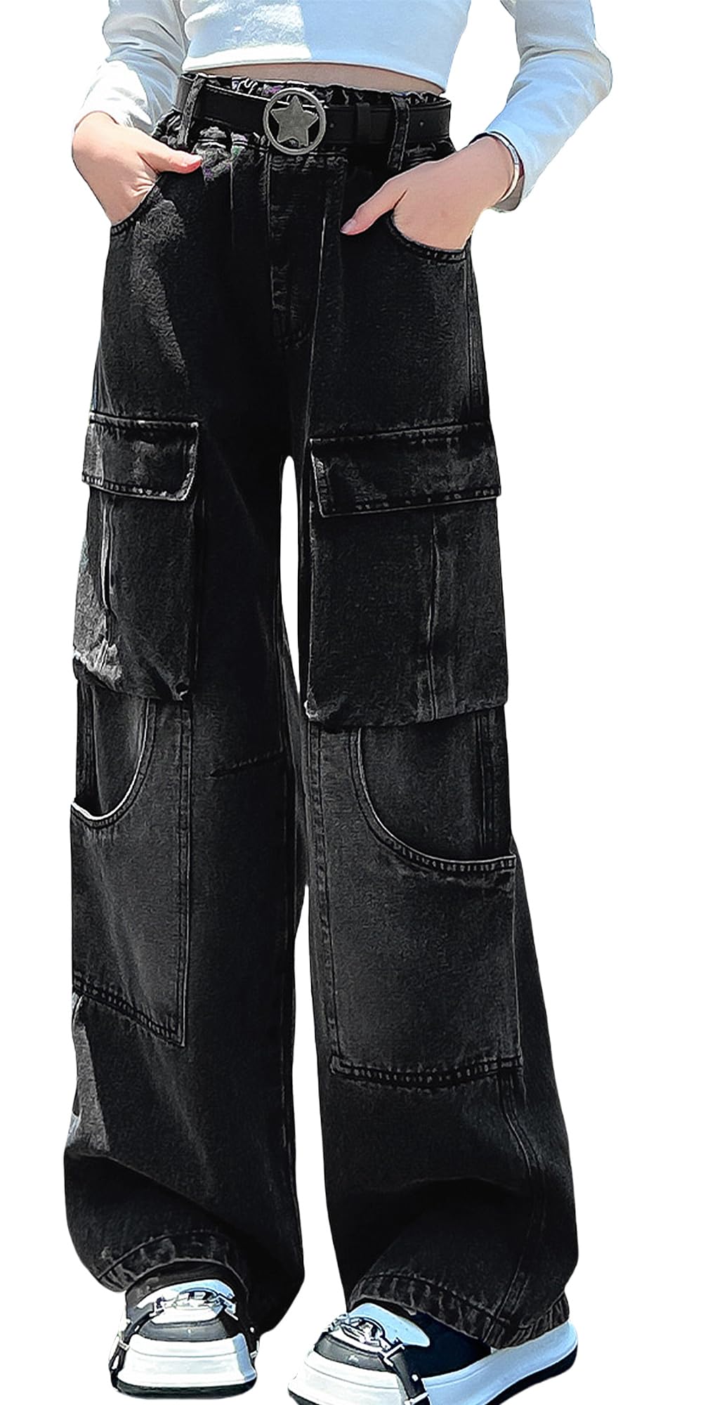 SEAUR Jeans Cargo Fille 5-16 Ans Mode Décontractés Y2K Pantalon en Demin Enfant Fille Jambe Large Jeans Ample Ados Fille