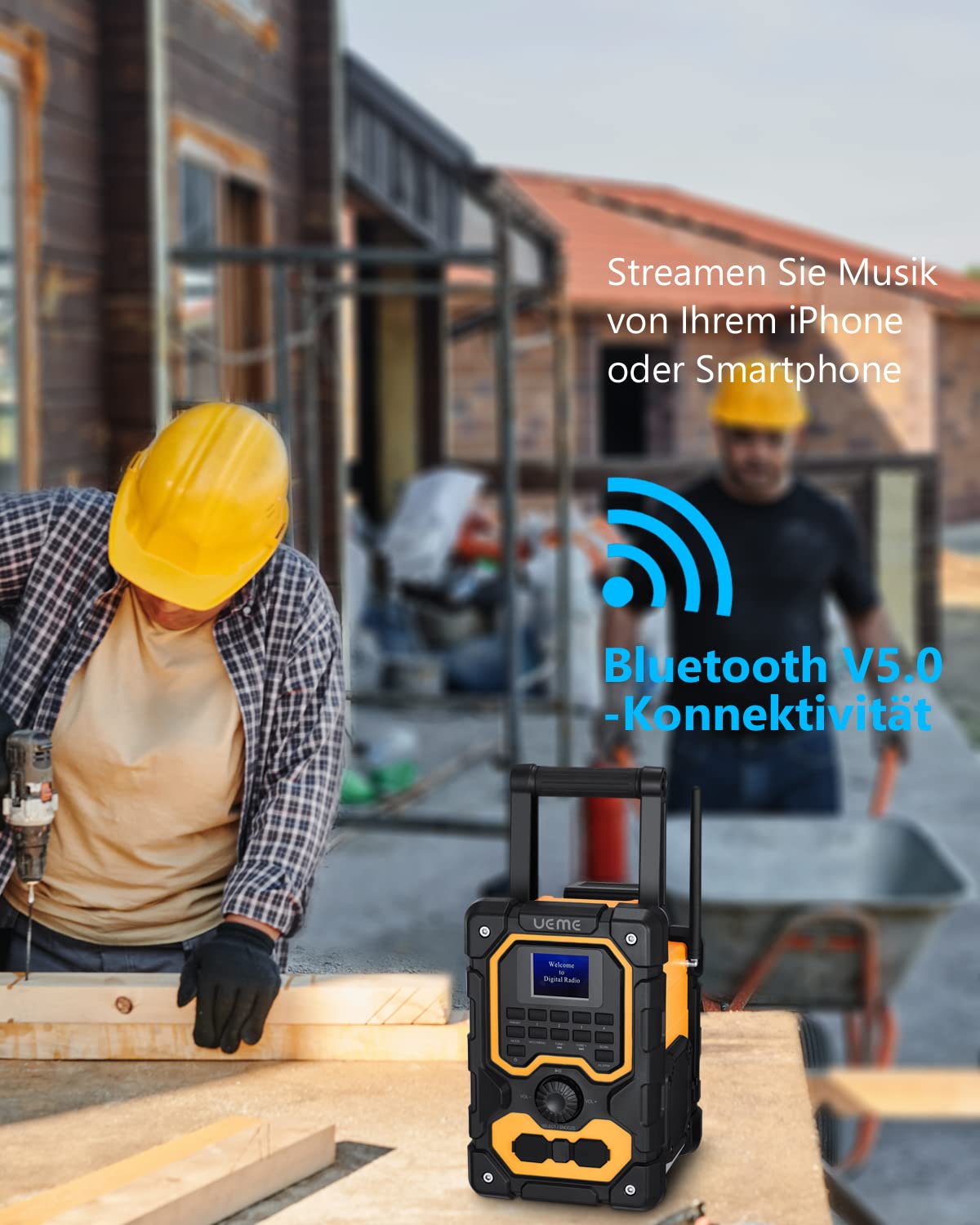 Baustellenradio Robustes DAB+ FM Radio mit Bluetooth 5.0, 16W Stereo-Lautsprecher, 8000mAh Akku bis 18h Spielzeit, USB Handy-Ladeanschluss, Aux Anschluss, Spritzwassergeschützt & Staubdicht(Gelb)