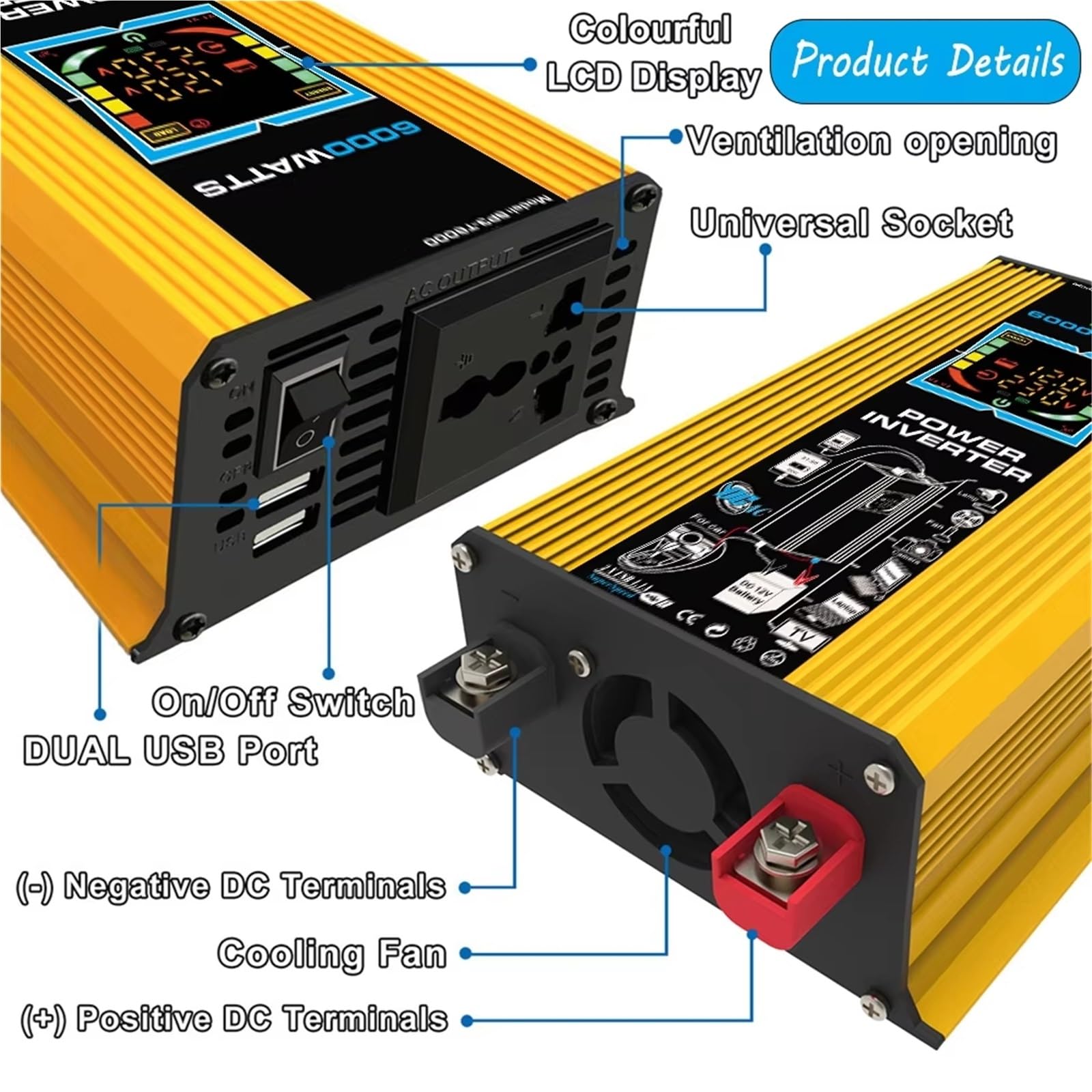 Inversor Inversor Energía Solar Vehículos 6000W (CC 12 V A CA 110 V/220 V) con Pantalla Digital USB Dual Autocaravanas Pequeños Electrodomésticos Inversor de Corriente(AC 110V)