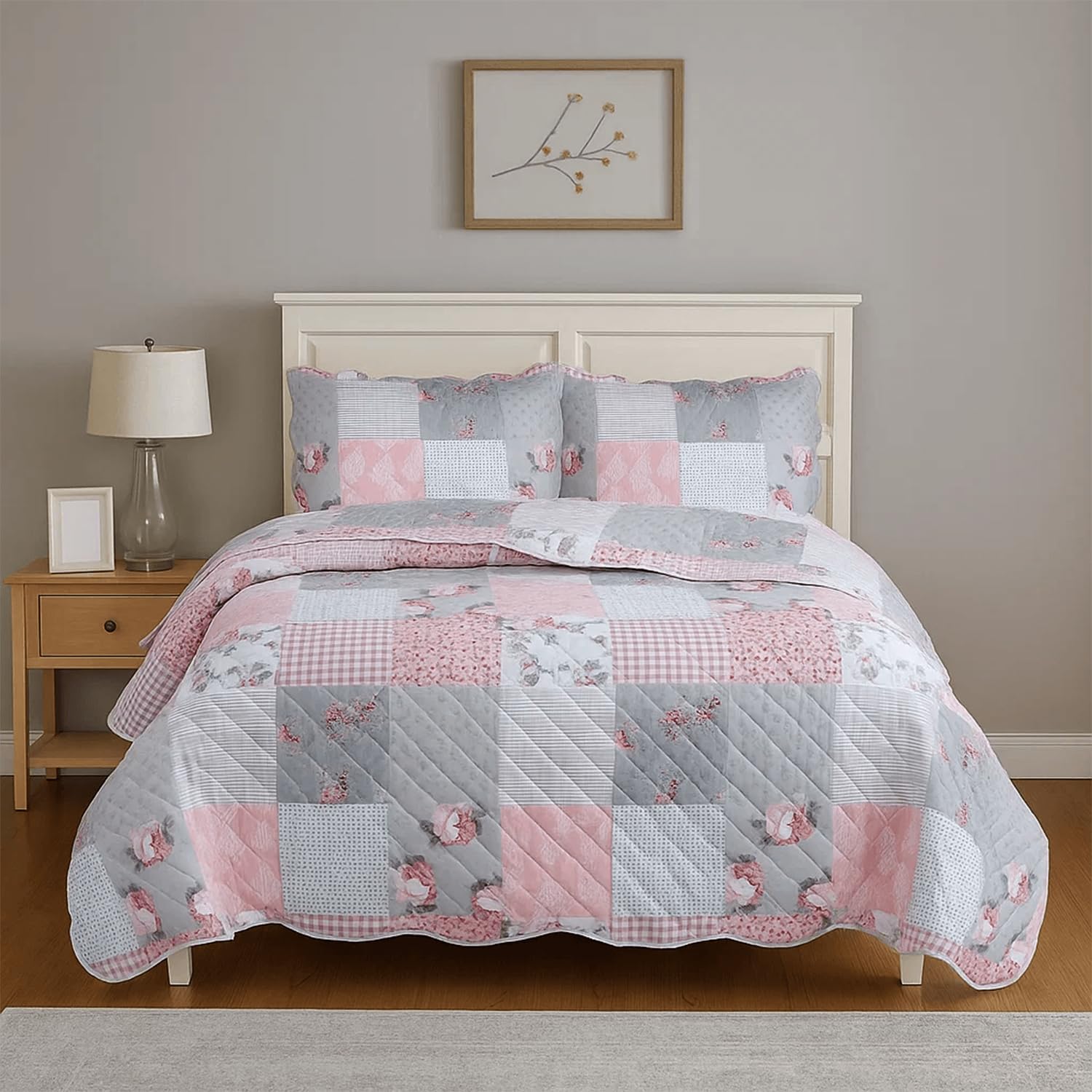 Cozy Haven Quilt Patchwork Bedspread 2 Piece Set – Coverless Quilted Bedspread, Reversible, Lightweight Quilt Comfort with 2 Pillow Sham (Floral Grey, Double) — image 1
