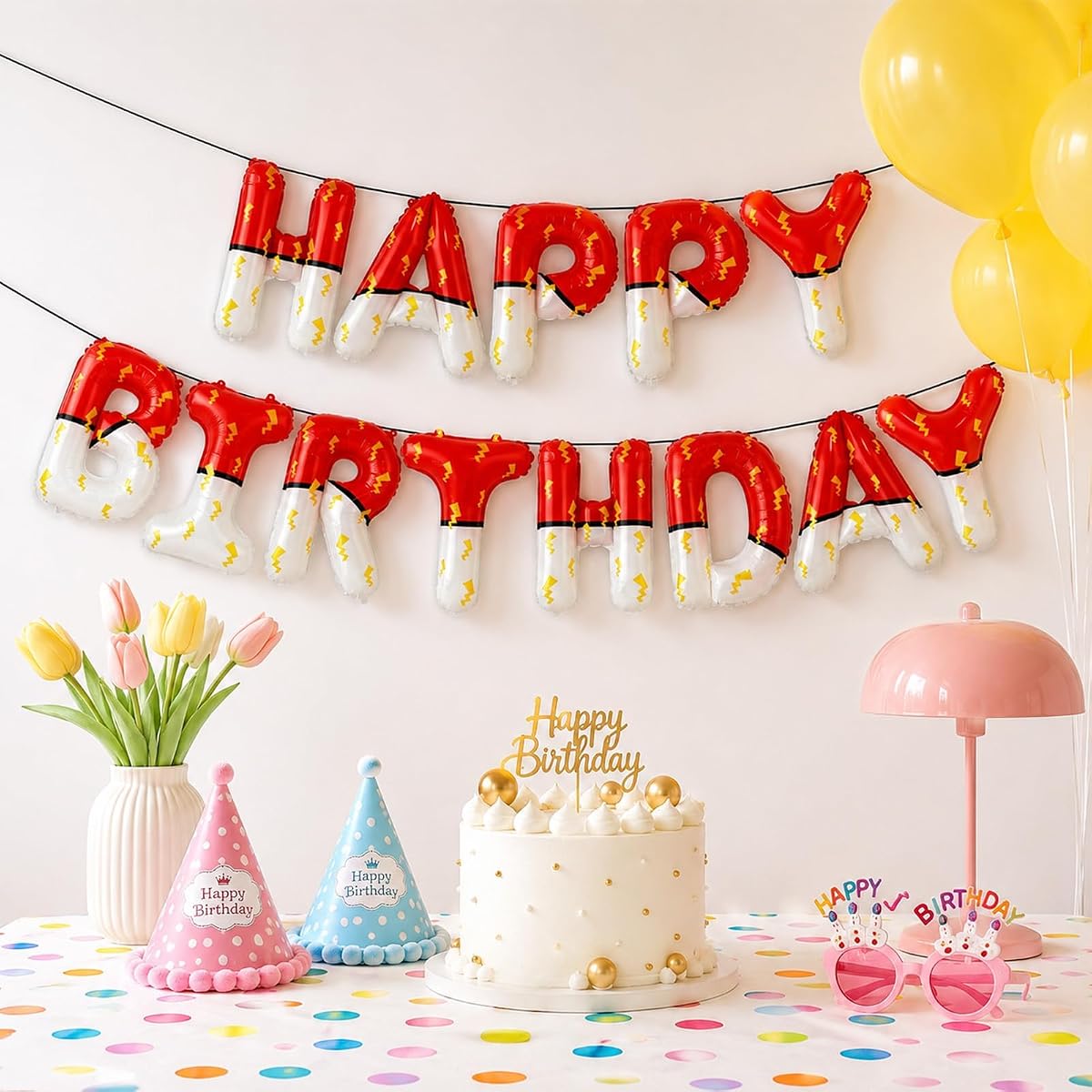 Red & White Cartoon Birthday Party Decor Kit, Happy Birthday Banner, Foil Balloons & Photo Backdrop, Indoor view 2