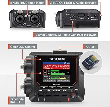 TASCAM FR-AV2 Compact 32-Bit Float Field Recorder and Timecode Generator with Dual XLR/TRS Inputs and No-Clip Audio Recording for Videographers