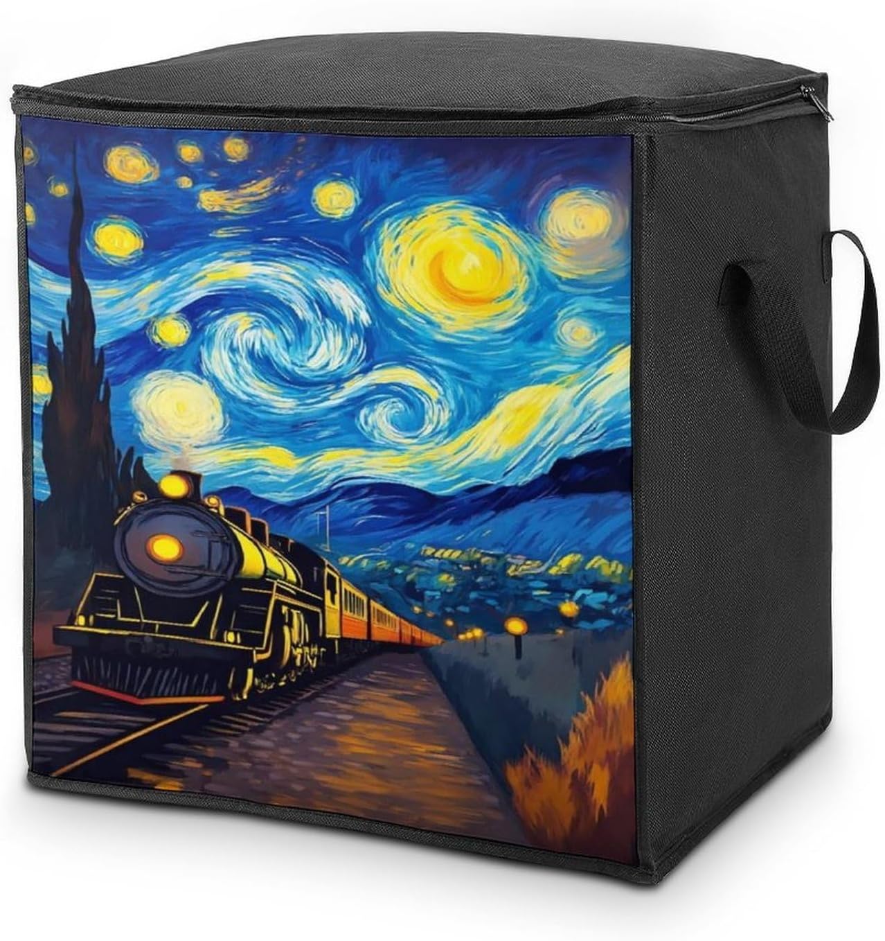 Starry Night Train Zippered Storage Bag 70L Foldable Space Save Organizers for Comforters Bedding Clothes Queen King Blanket
