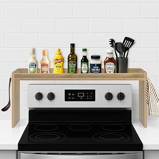 Over the Stove Shelf, Wood Stove Top Shelf, 31.5" Stove Top Organizer Shelves with 6 Hooks,11.5" Height Over Stove Spice Rack for Kitchen, White Oak
