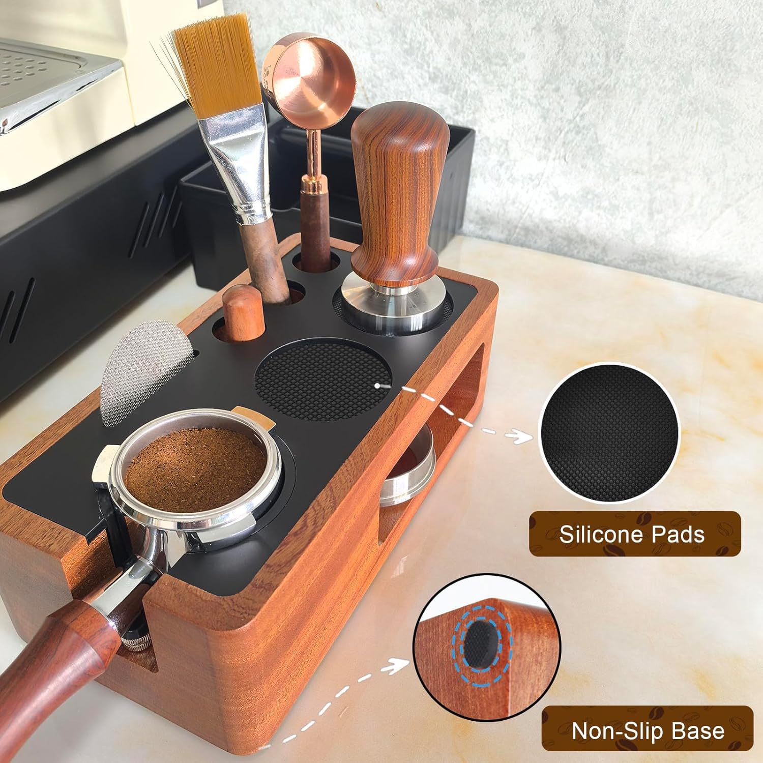 Verbesserte Espresso-Stopfstation, Massivholz, Espresso-Zubehör-Organizer, multifunktionaler Kaffeezubehör, Tamper Sta-Tion, Espresso-Station passend für Standard-Siebträger (A1)