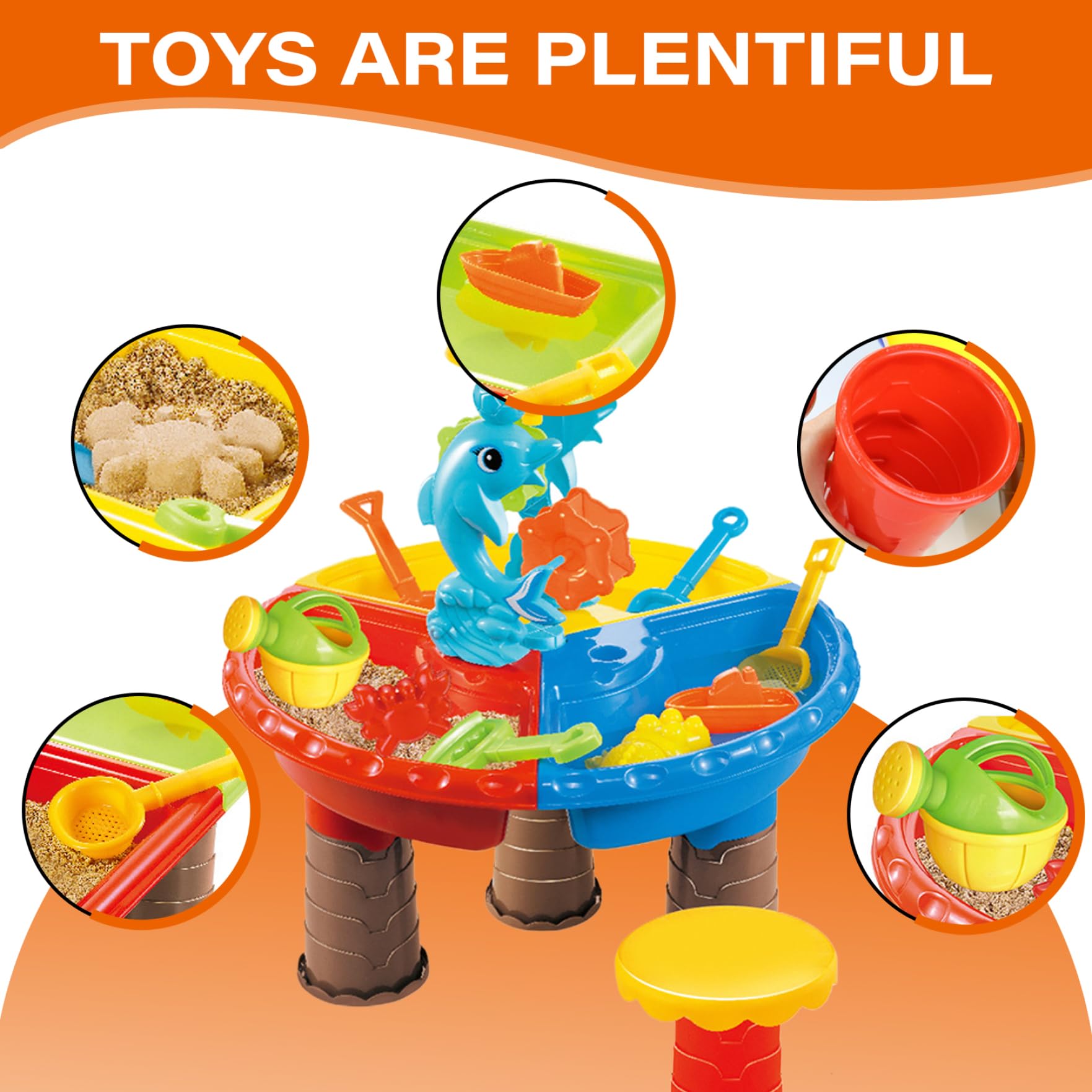 Mesa freática 1 Juego de Mesa de Arena Colorida con Lindo delfín ABS sensorial Interactivo Agua y Arena para el Desarrollo de Padres e Hijos para Playa Interior y Exterior, Redonda