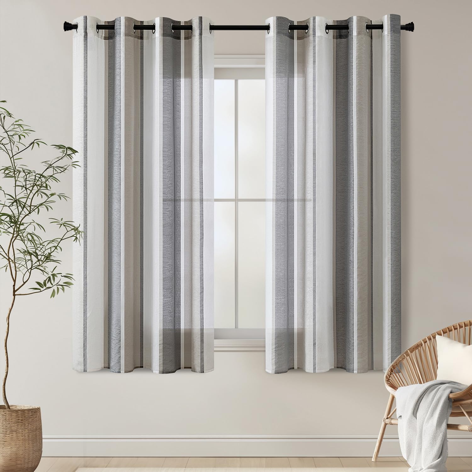 EMEMA Cortinas Rayas Transparente con Ojales Cortinas de Voile Salón Moderno Juego de 2 Cortinas Dormitorio Transparente con Patrón Cortina Semitransparente Rayas 140 x 160cm Blanco y Gris Oscuro