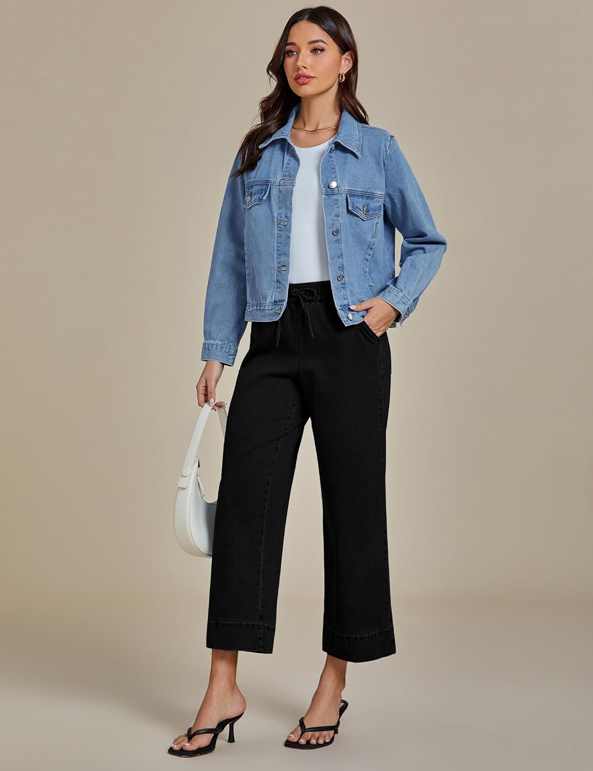 luvamia Wide Leg Jeans for Women High Waisted Cropped Pull On Jeans Elastic Wasit Drawstring Stretch Denim Trouser Pants - Image 6