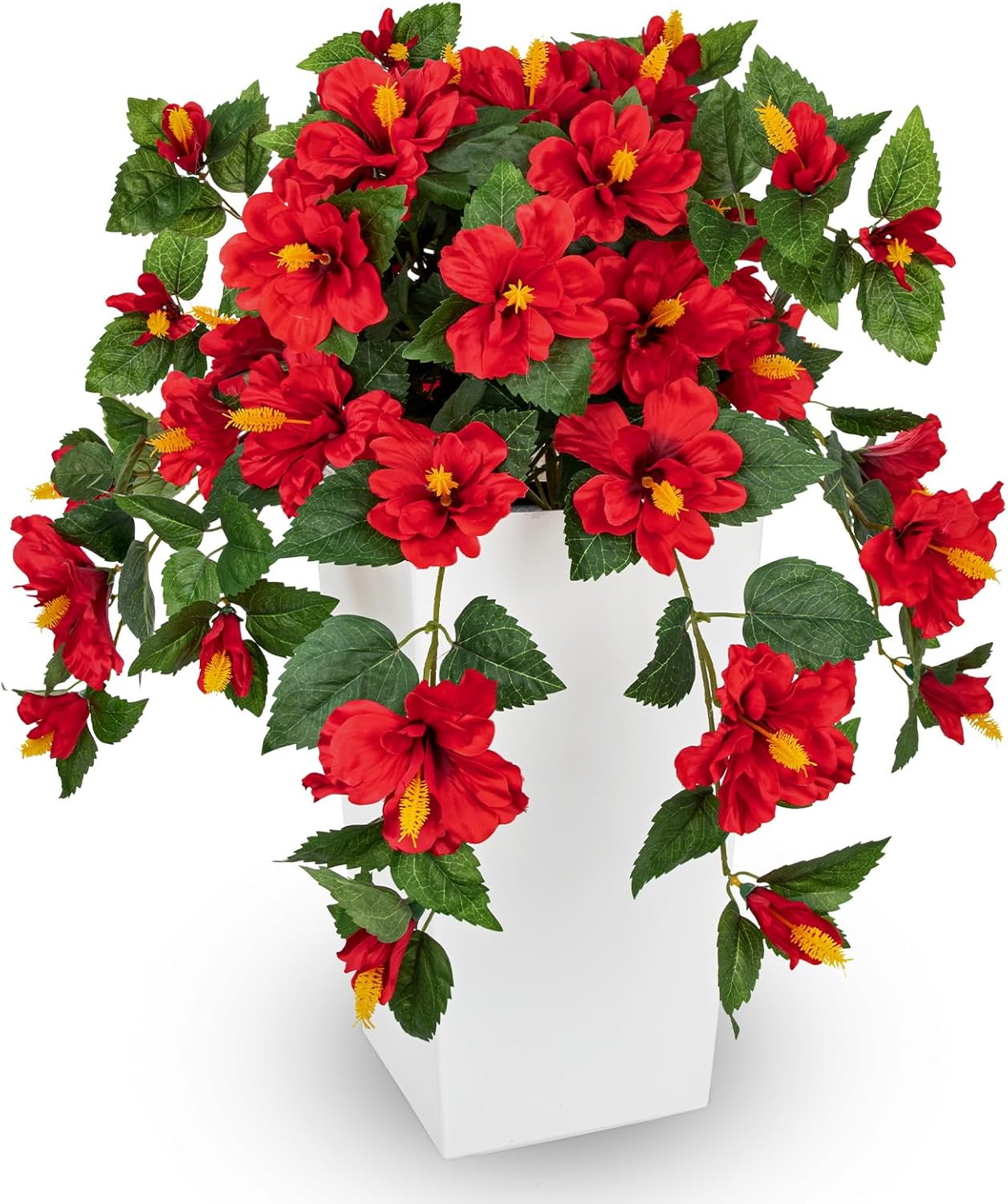 Briful 27.5" Artificial Hibiscus Plant in Tall White Planter, Large Faux Tropical Flower Arrangement for Front Door Porch Patio Balcony Outdoor Indoor Decoration, UV Resistant Fake Red Hibiscus Tree
