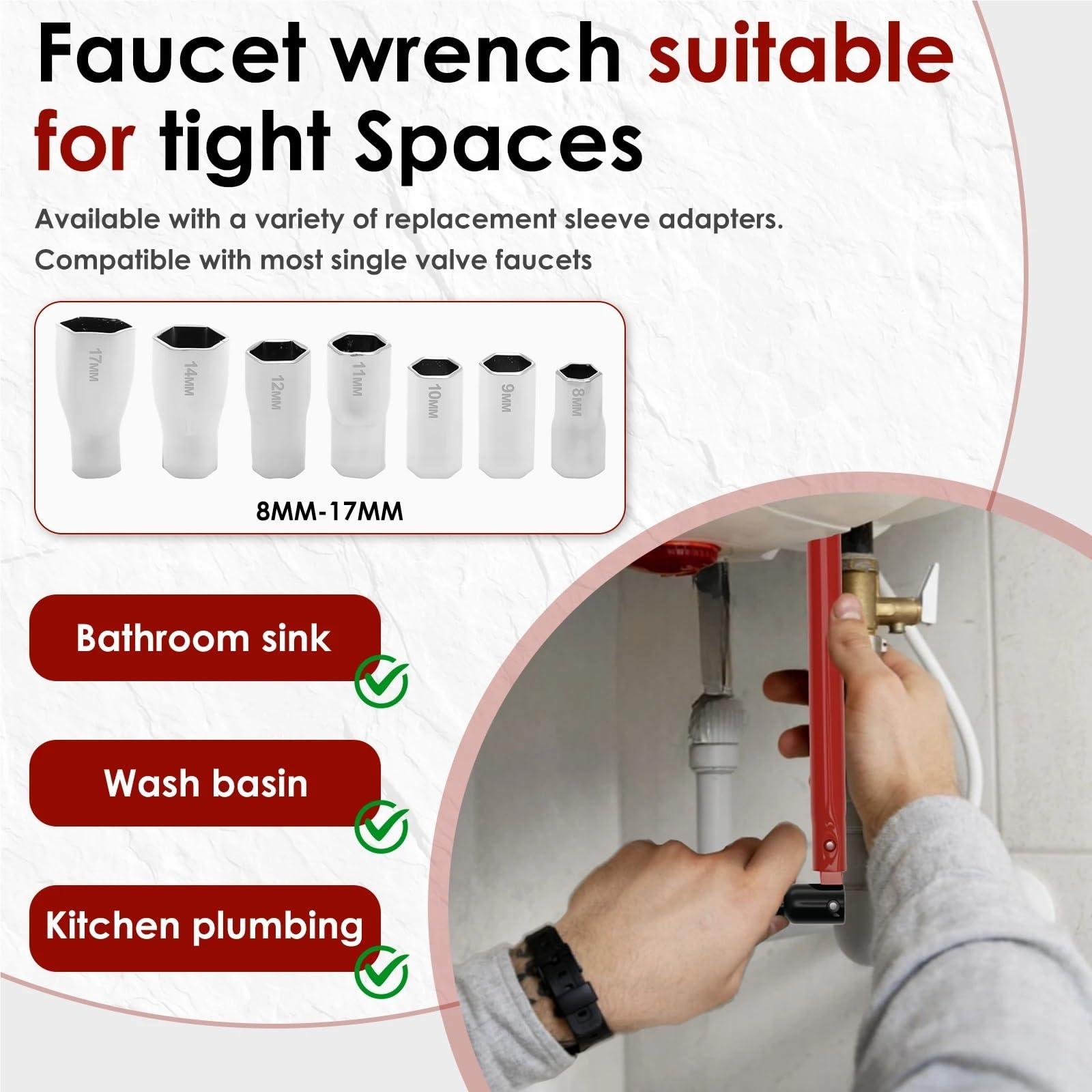 Herramienta de instalación grifo, juego llaves for fregadero, adaptador enchufe fontanero for cocina y baño Juego de llaves de tubo(8-17mm)