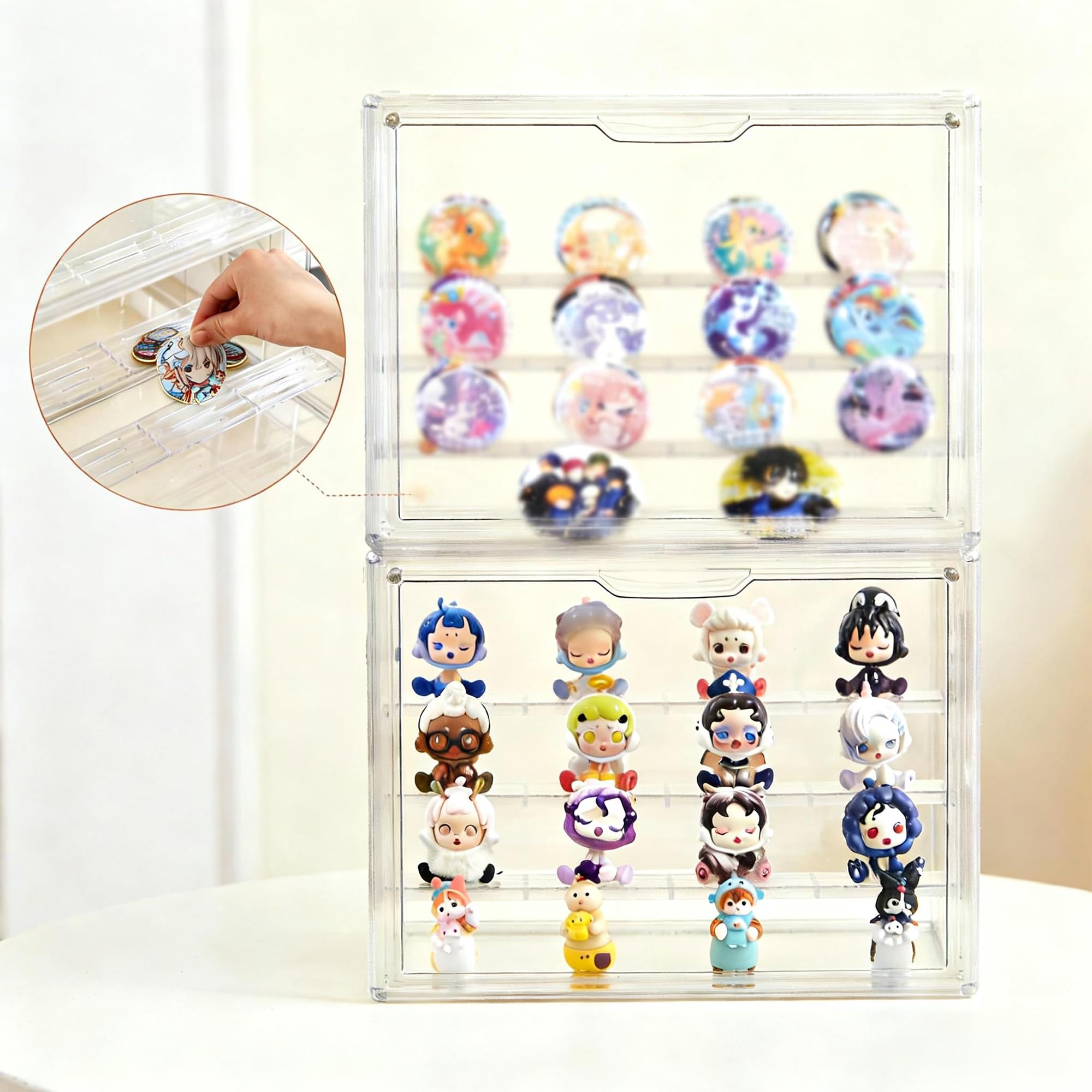 Vitrina acrílica transparente para figuras, estante de exhibición de figuras de 4 capas con 3 placas móviles, caja de exhibición apilable con puerta magnética para coleccionables, paquete de 3