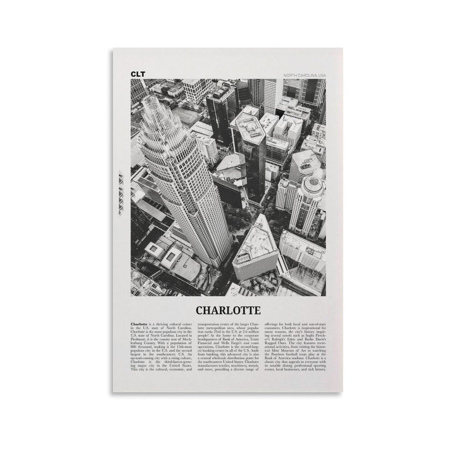 LZTEN Charlotte Print Black And White Downtown, Charlotte Wall Art, Charlotte Poster, Charlotte Photo, North Carolina, USA, United States Canvas Wall Art Po