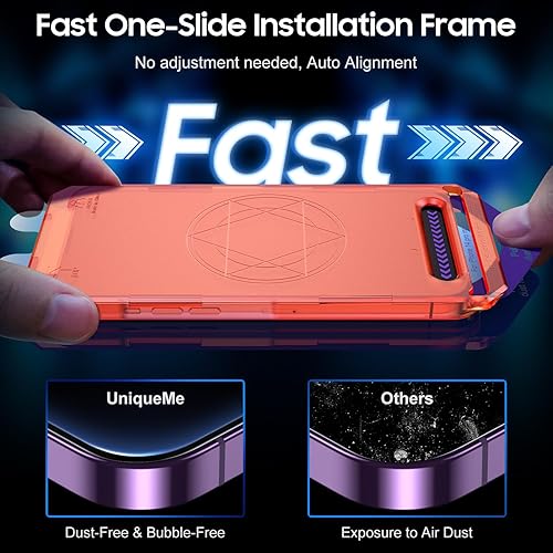 Miniatura 3 de UniqueMe Protector de pantalla para iPhone 14 Pro Max, paquete de 2 unidades, kit de polvo automático película de vidrio templado antiarañazos 10