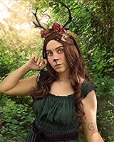 Vista 2 de MOSTORY Diadema hecha a mano con cuernos negros, diadema de flores oscuras, corona medieval de bosque para festival renacentista, cosplay