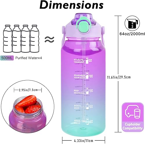 Vista 3 de Botella de agua deportiva de 64 onzas con infusor de frutas, botella de agua motivacional 2 en 1 con popote y marcador de tiempo, jarra de agua