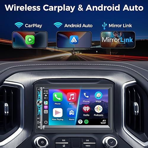 Miniatura 10 de Estéreo de auto doble DIN con pantalla táctil HD de 7 pulgadas, Apple Carplay inalámbrico y Android Auto, Bluetooth, 240W, SWC, salida de subwoofer,