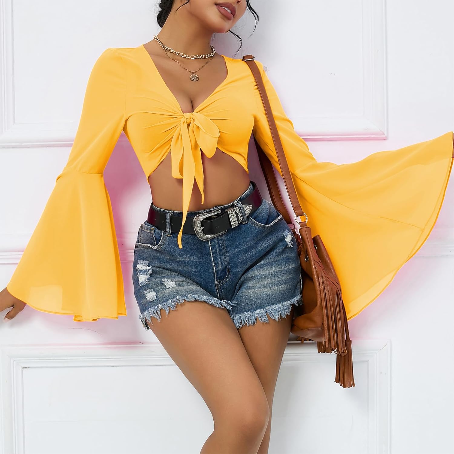 Mesh Tops for Women Bell Sleeve Rave Outfits Tie Front Crop Top Long Sleeve Shirt Sheer Blouse Festival - Image 4