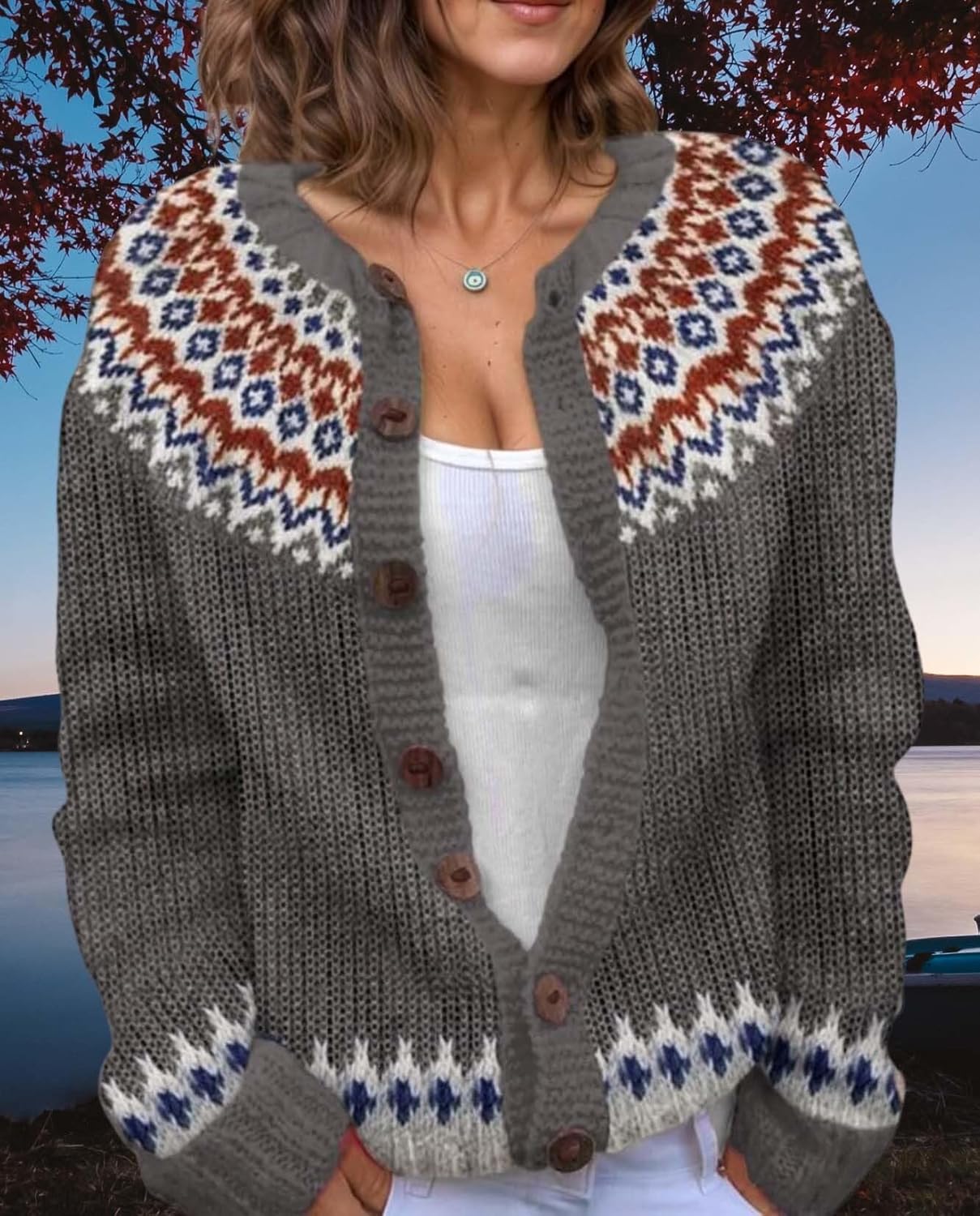 Women's Fair Isle Pattern Knit Cardigan Sweater Vintage Button Down Open Front Jack... - Image 2