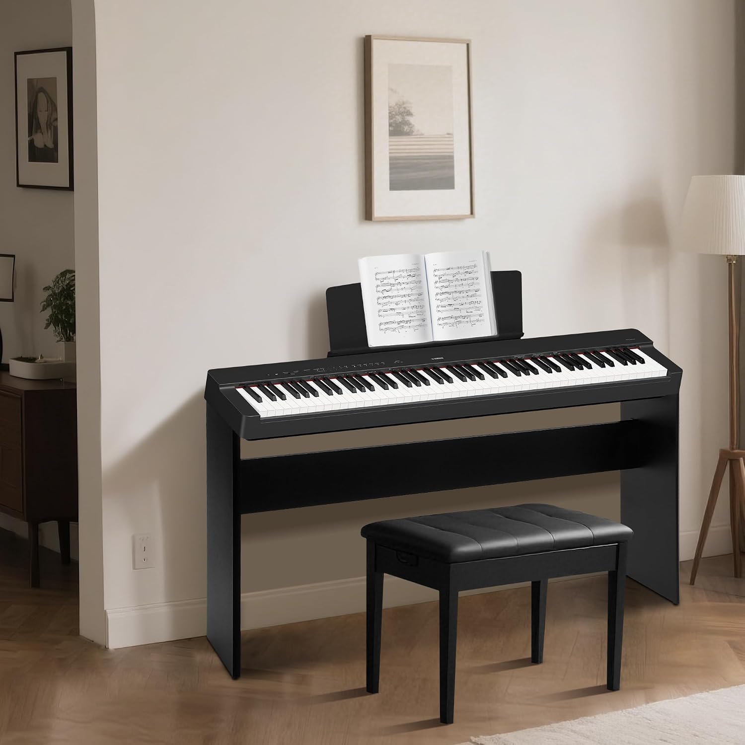 L85 Piano Keyboard Stand,Wooden Furniture Keyboard Piano Stand for Adult Compatible for Yamaha P71/P45/P-125/P-128/P35 Digital Piano 88 Keys,Black