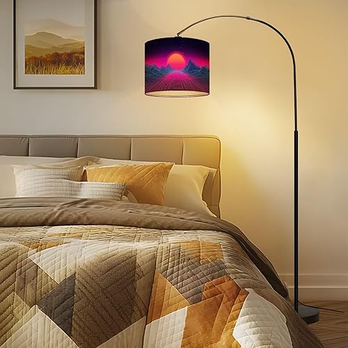 Miniatura 7 de Pantalla de lámpara de los años 80 estilo synthwave paisaje, rejilla azul, montañas, cañón del sol, pantallas de tambor para lámparas de pie,