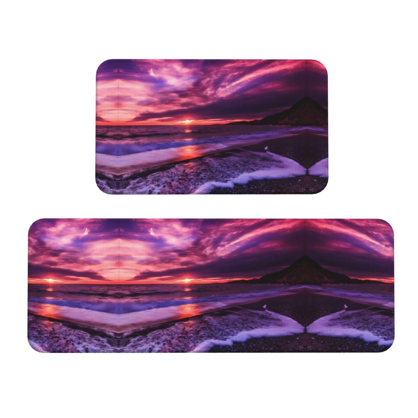 Juego de 2 alfombrillas de cocina antideslizantes con diseño de atardecer de playa rosa para fregadero