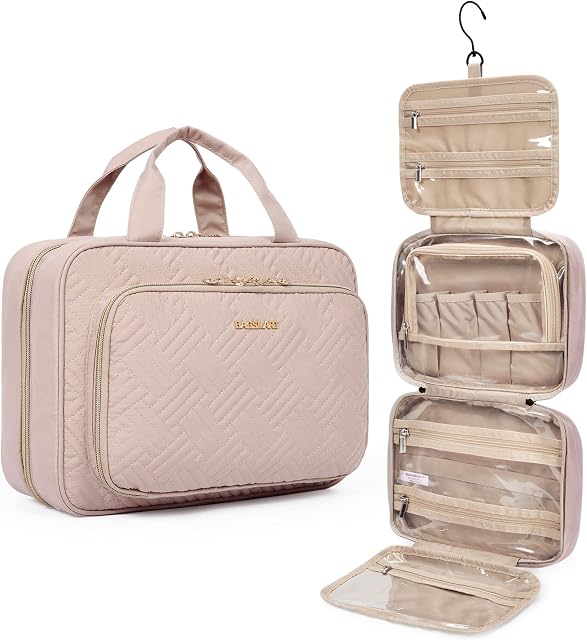 BAGSMART Toiletry Bag Hanging Travel Makeup Organizer with TSA Approved Transparent Cosmetic Bag Makeup Bag for Full Sized Toiletries, Large-Pink